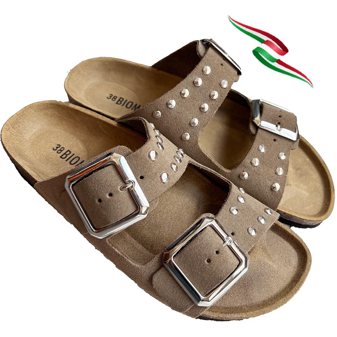 ciabatte Donna Borchie in vera pelle scamosciata DUCHESS doppia fibbiaciabatta borchiata made in italy