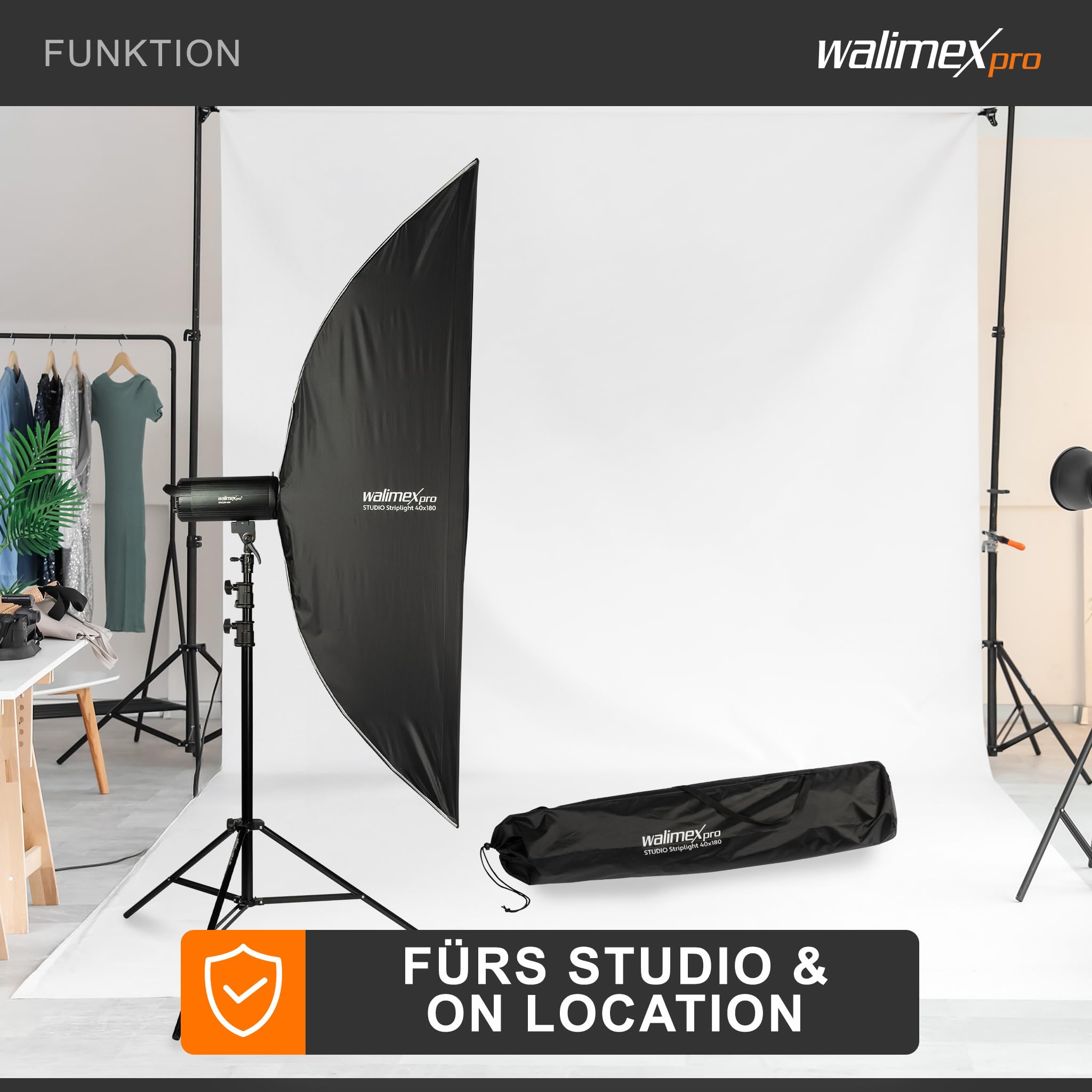 Walimex pro Studio Striplight Softbox 40 x 180 cm, Giratorio 360°, fácil Montaje Gracias a la función de sombrilla, Incluye Rejilla, máscara, Adaptador Bowens y Bolsa de Transporte, Ideal para