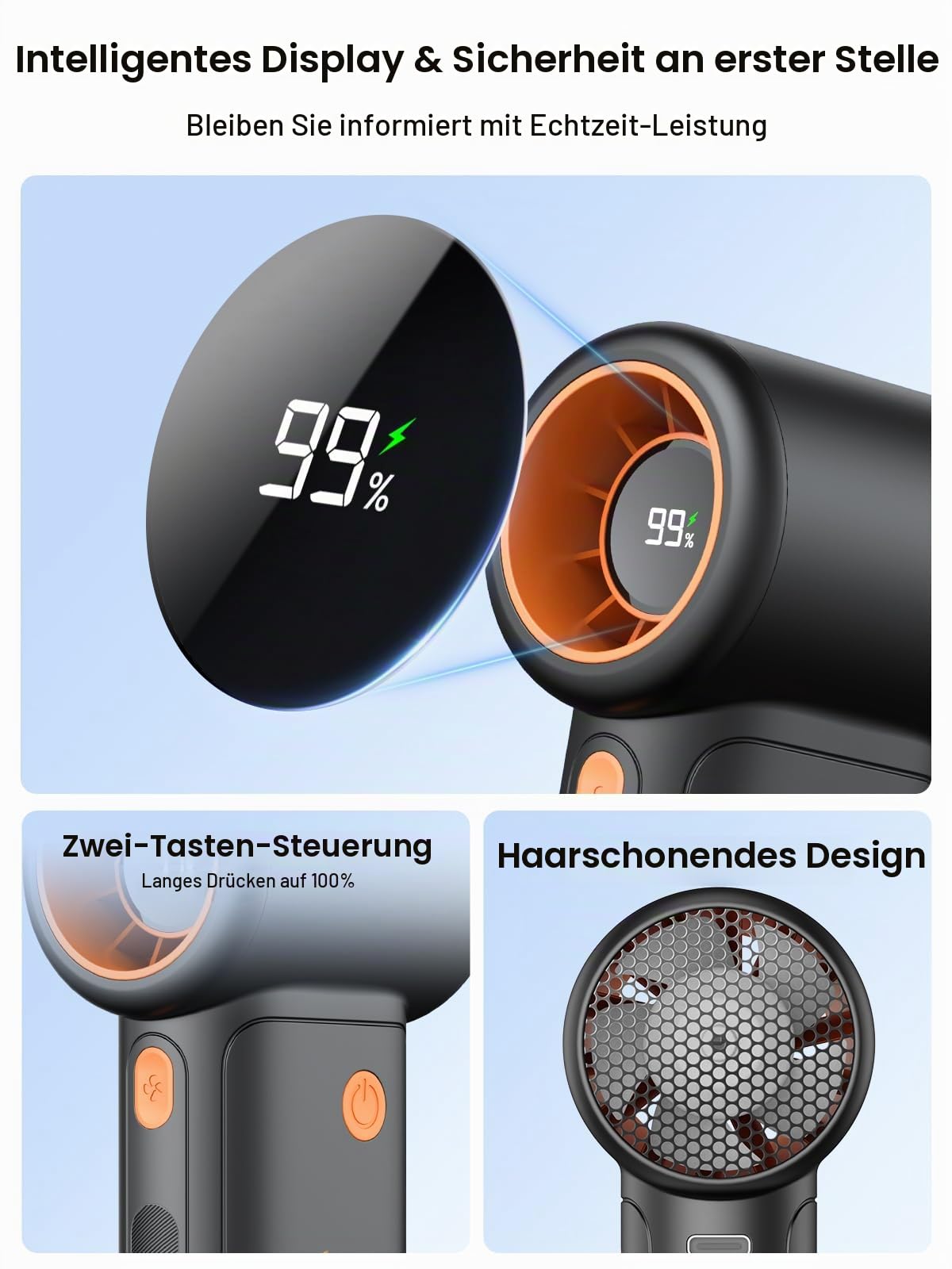 Warmco H3 10000mAh Handventilator, Wiederaufladbarer Ventilator | Bis 36 Std Laufzeit, 15000 U/min Motor, 9m/s Luftstrom, 5 Stufen, USB-C Zweiwege-Laden, LED-Display