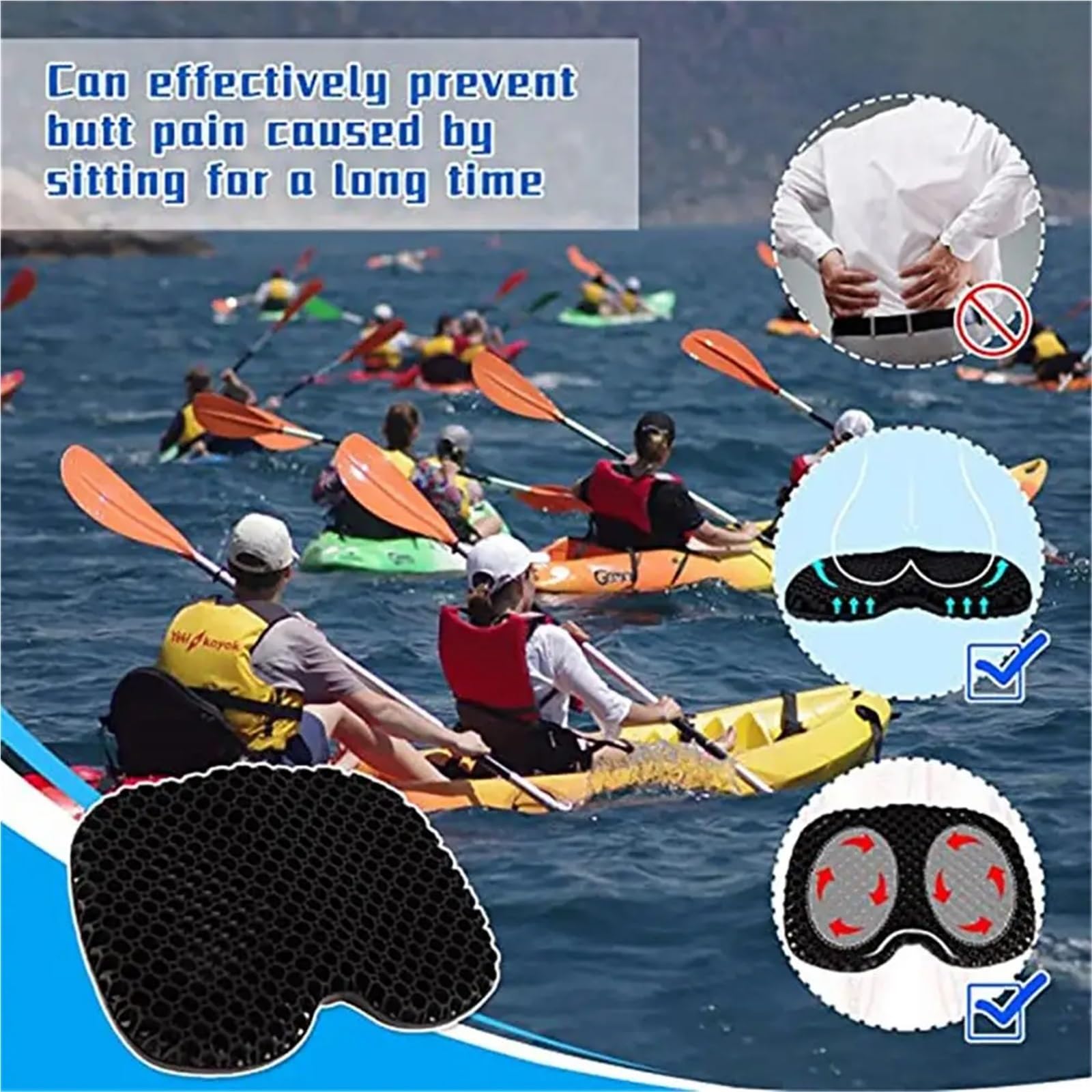 Cojín de Asiento de Kayak, Grueso, Impermeable, de Gel, con Funda Antideslizante, Inflable, for Canoa y Kayak.