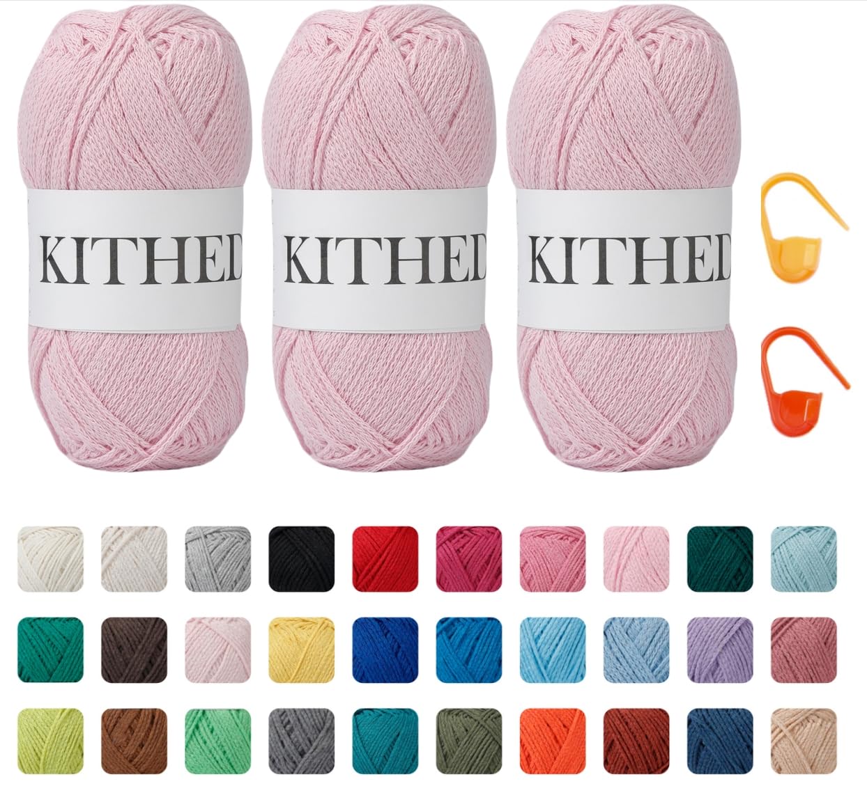 KITHED コットン糸、10.5オンス、526ヤード、3パック、かぎ針編みと編み物用の柔らかい糸(08ライトピンク)