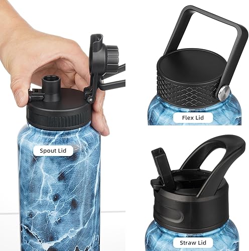 Miniatura 3 de YONICOER Botella de agua aislada con pajilla, termo de acero inoxidable de 32 onzas, vaso térmico de doble pared al vacío con 3 tapas a prueba de