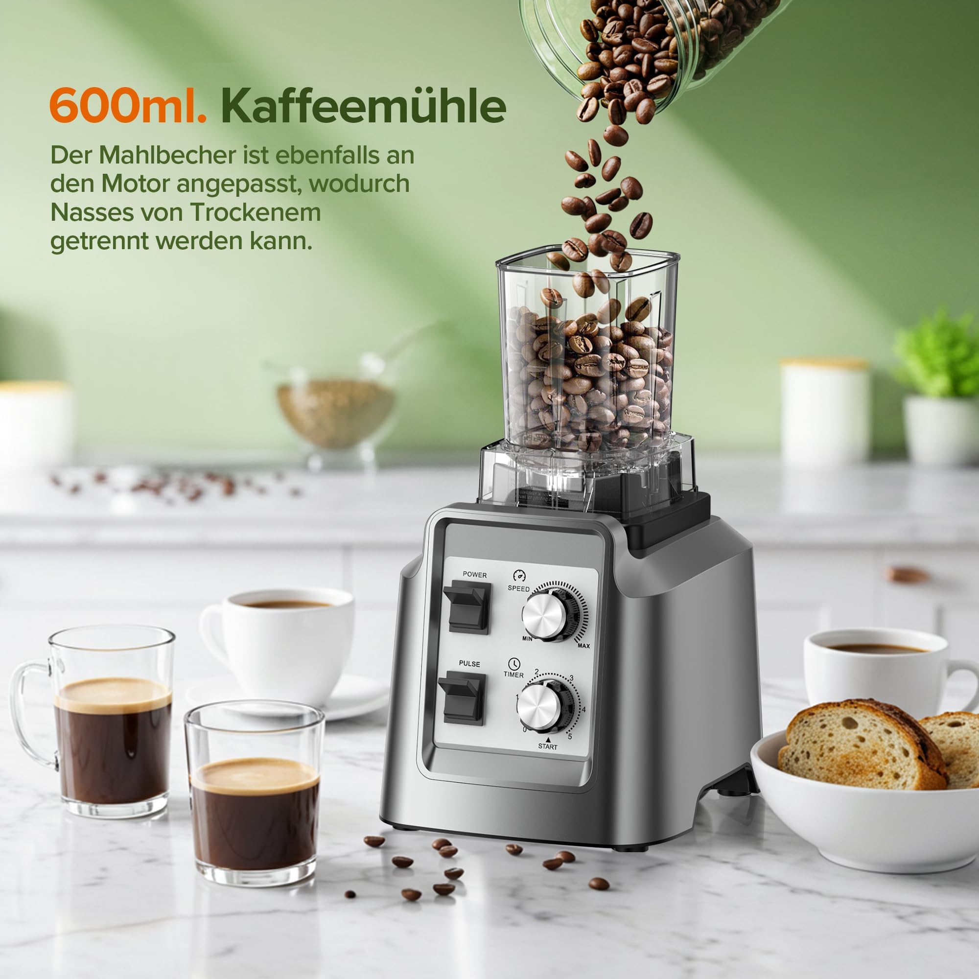Teendow Standmixer, 1800W Smoothie Maker, Tischmixer mit 2,0-Liter-Behälter+ 600-ml-Kaffeemühle, Geeignet zum Zerkleinern von Eis und Gefrorenen Früchten, BPA-frei (Silber)