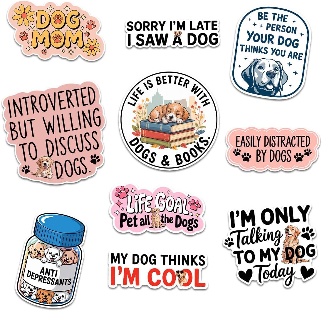 10 Pcs Funny Dog Mom Stickers Pack for Dog Lovers – Cute Puppy Quote Decals for Laptop, Water Bottle, Notebook, Car Window –Gift for Pet Owners, Animal Enthusiasts, Women, and Girls