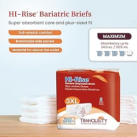 Tranquility Bariatric HI-Rise Disposable Briefs, 3X-Large, High Waistline with Peach Mat Core & Secure Kufguard Technology for Skin Integrity, Latex-Free, 34oz Capacity, 8ct Bag