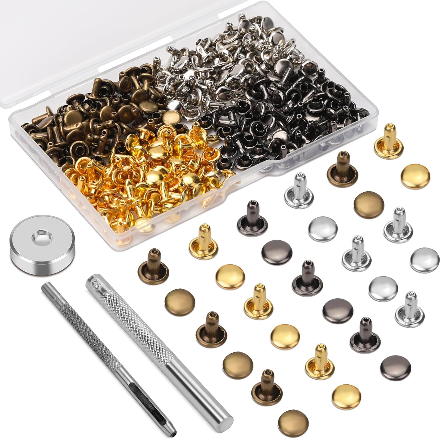 Leather Rivet Kit – Multicolor Double Cap Rivets, 6mm, 120 Sets – Includes Hollow Punch & Punch Tool for Leather Crafts, Clothes, Shoes, Jackets