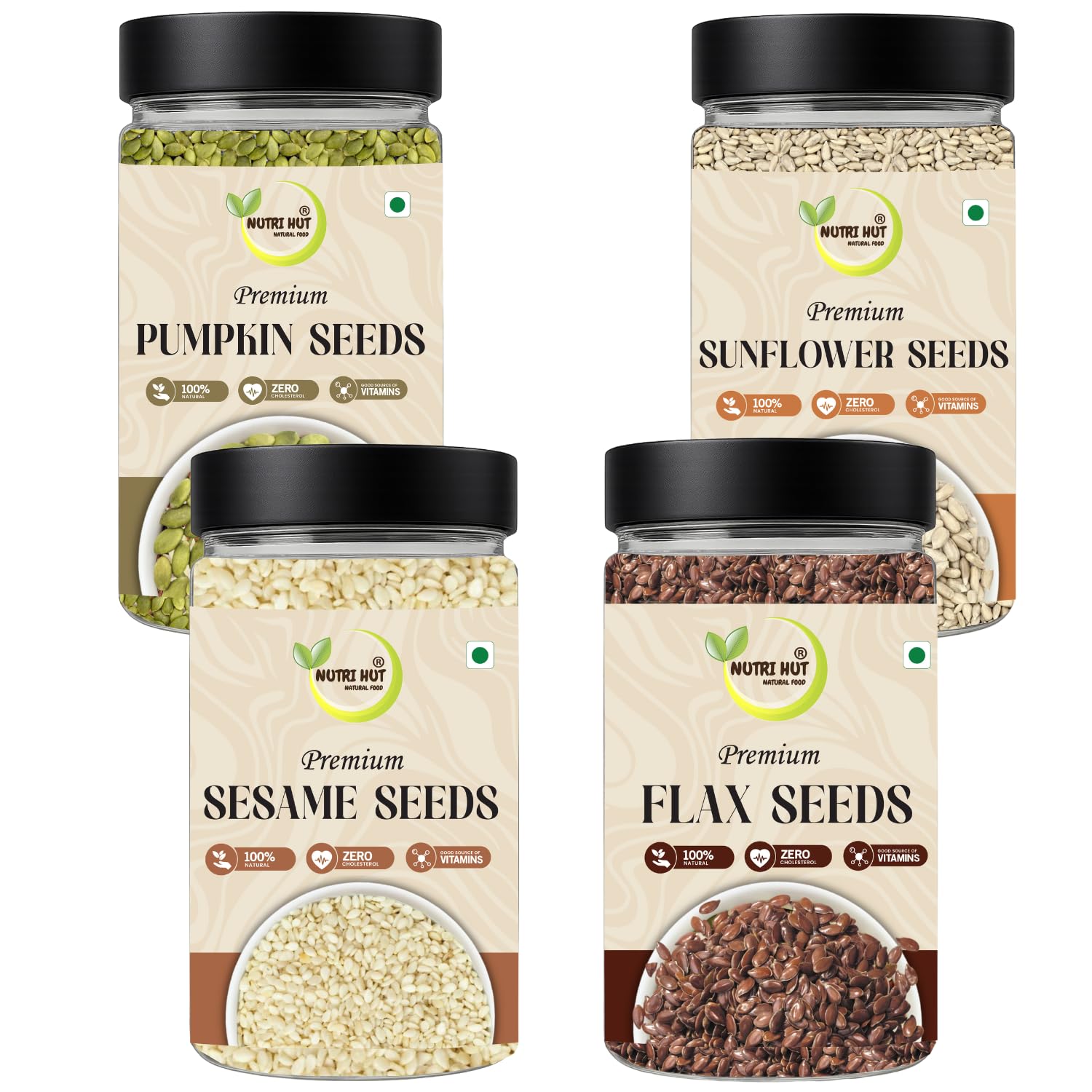 Seeds Combo Pack of 4 – Flax, Sesame, Pumpkin & Sunflower Seeds | 150g Each | Raw & Natural | Rich in Omega-3, Protein & Fiber | Ideal for Snacking, Salads & Healthy Recipes