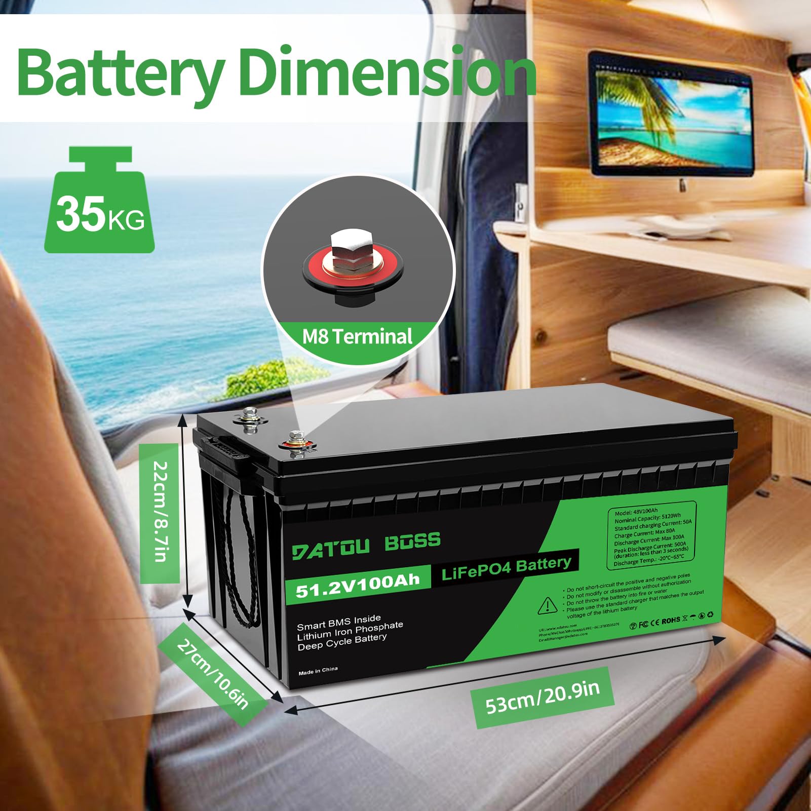 DATOUBOSS Batteria LiFePO4 da 48V 100Ah batteria al litio da 5120Wh con migliorata 100A BMS, 5000-15000 cicli di profondità, supporto in serie/circuito parallelo, per camper, pannello solare, marino