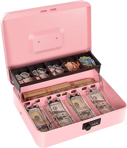 Caja de efectivo con cerradura de combinación, caja de dinero de metal para caja registradora, caja de seguridad grande para dinero 11.8 x 9.4 x