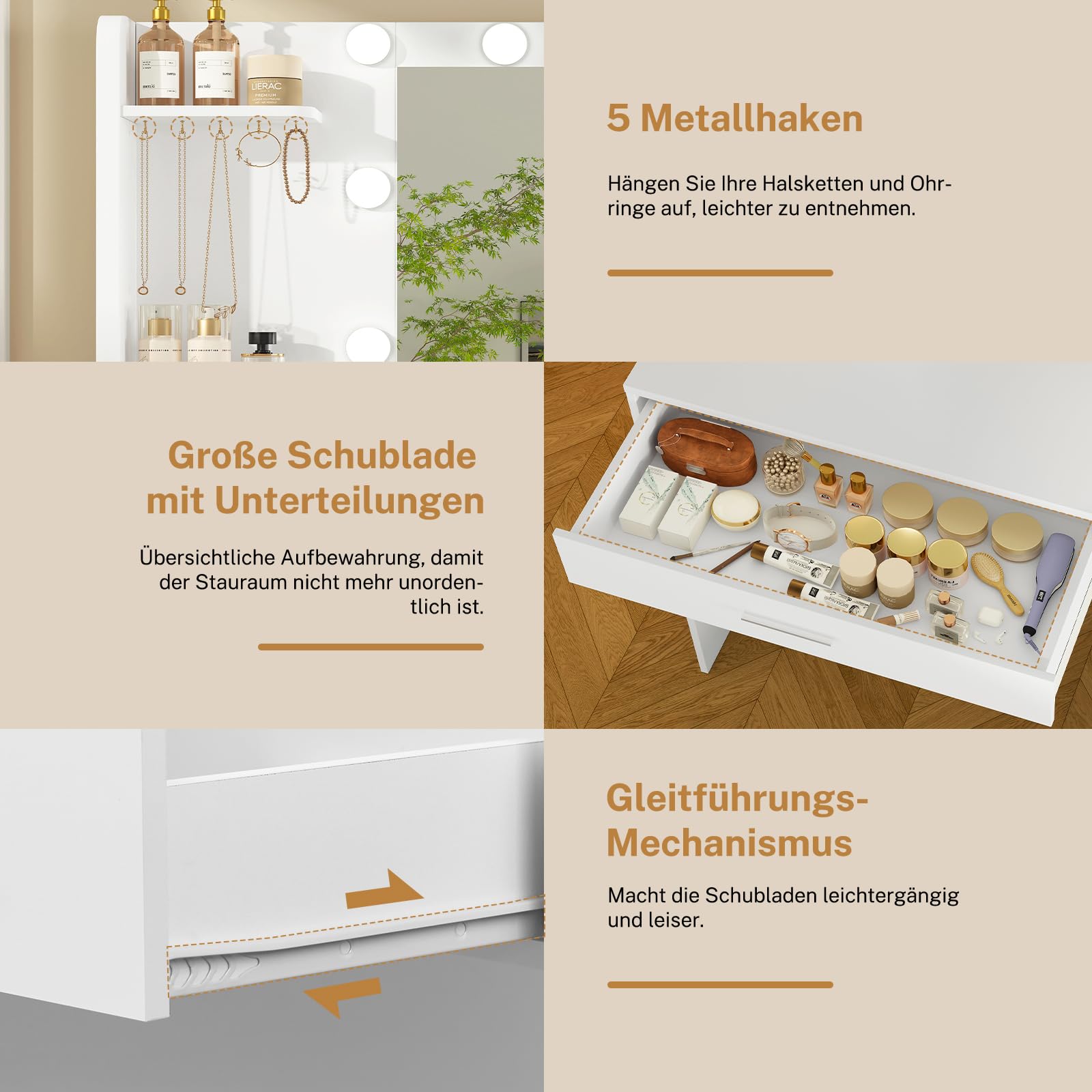 TEENFON Schminktisch mit Spiegel und Beleuchtung, 3 einstellbaren Farb und Helligkeitsstufen, Frisiertisch mit Schubladen, 4 offenen Ablagen, Weiß, 4 Schubladen Schminktisch+5 Schmuckhaken