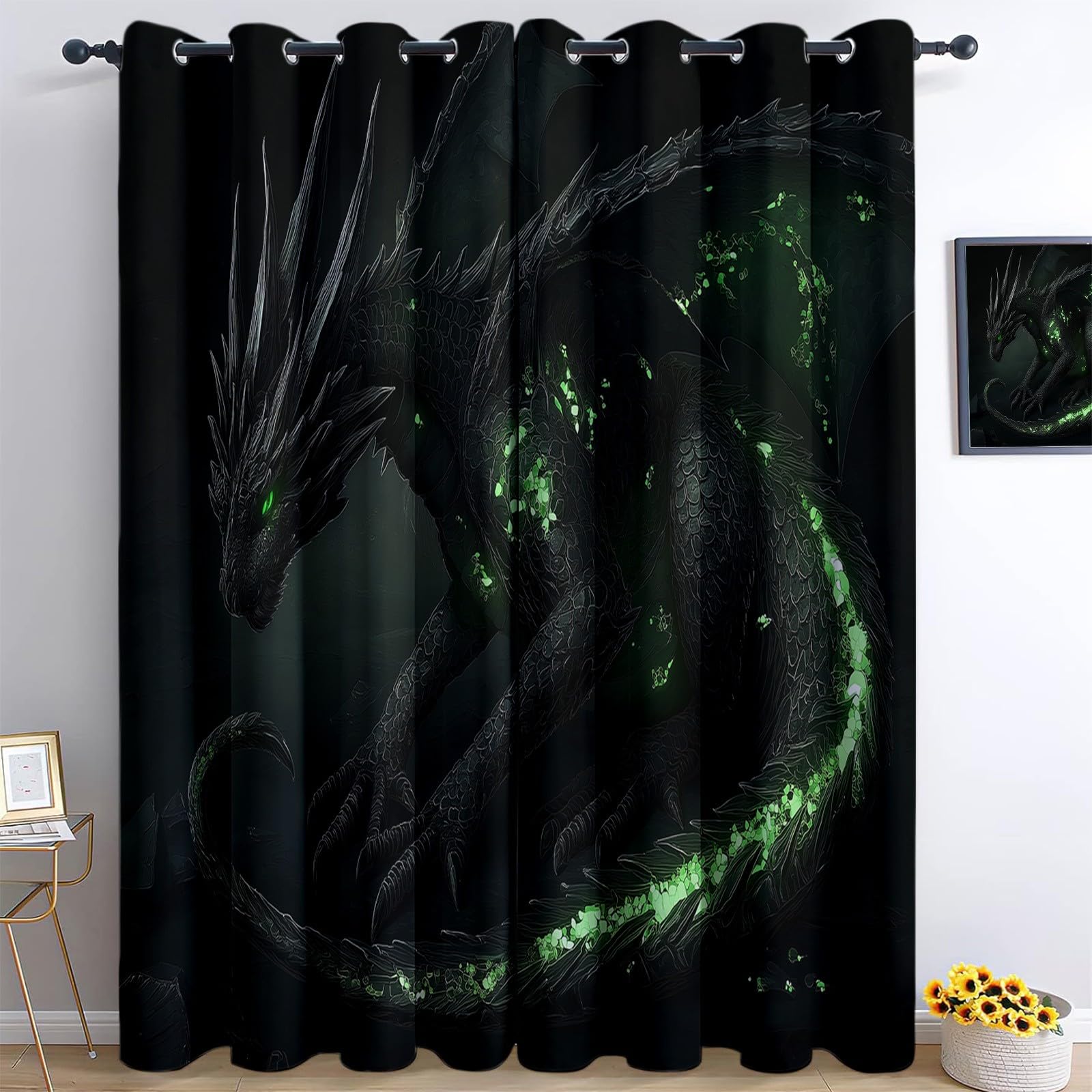 3D Blackout Curtains For Bedroom 46” W x 54” L Fantasy Style Black Dragon Soft Curtain Eyelet Ring Top Thermal Insulated Window Treatment Darkening Drapes For Living Room Kids Room Decor