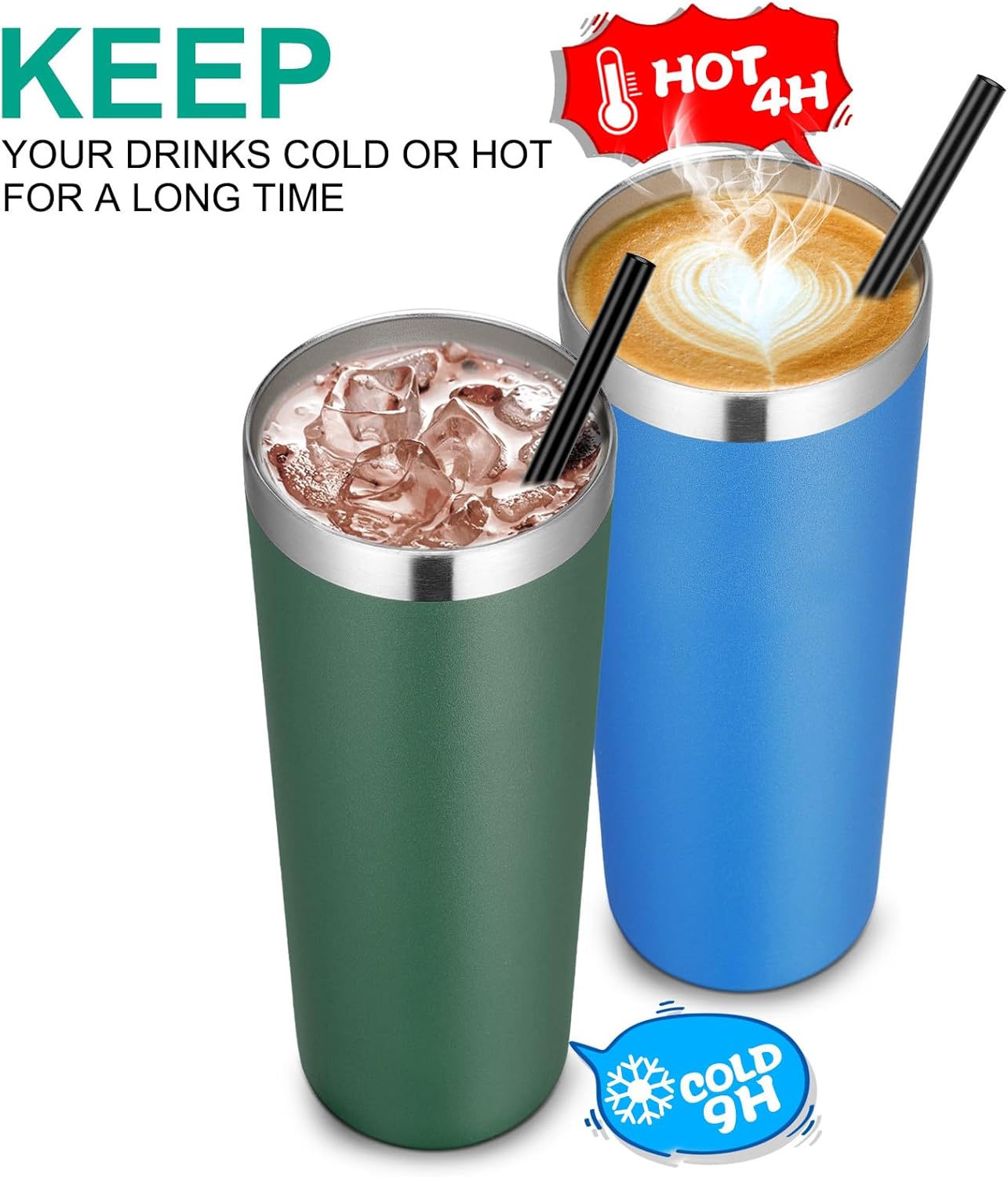 VEGOND Stainless Steel Skinny Tumbler, 20 oz Vacuum Insulated Tumbler with Lid and Straw, Double Wall Coffee Cup, Travel Mug for Cold Hot Drinks, Dark Green 1 Pack - Image 6