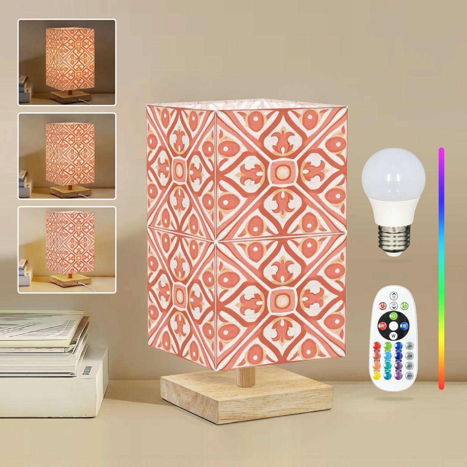 Square Table Lamp for Bedroom Ceramic tile Patchwork ornaments Moroccan Portuguese tiles Azulejo Beside Lamps Desk lamp with Wood Base Nightstand Lamps for Nursery Living Room Home Decor