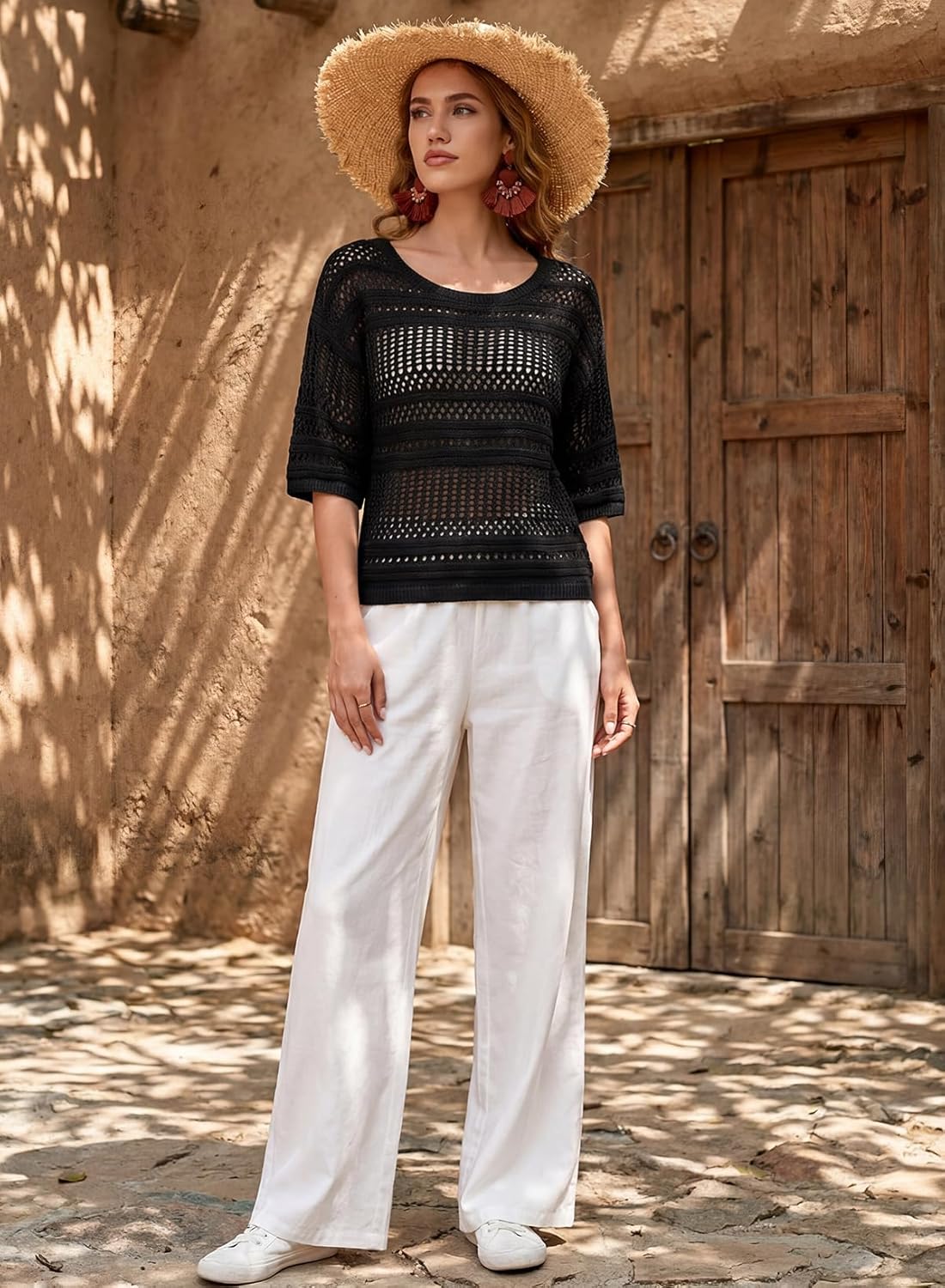 EVALESS Womens Summer Crochet Tops Half Sleeve Hollow Out Beach Vacation Clothes Resort Wear Cruise Outfits - Image 2