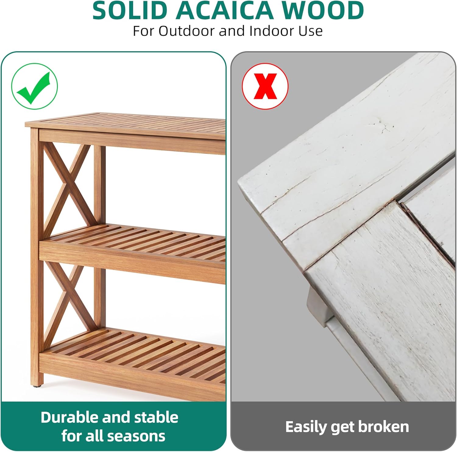 YITAHOME Outdoor Console Table All-Weather Resistant with 3-Tiers Storage Shelf, Acacia Wood Outdoor Side Table Patio Bar w/Adjustable Foot-Pads for Garden, Patio, Balcony