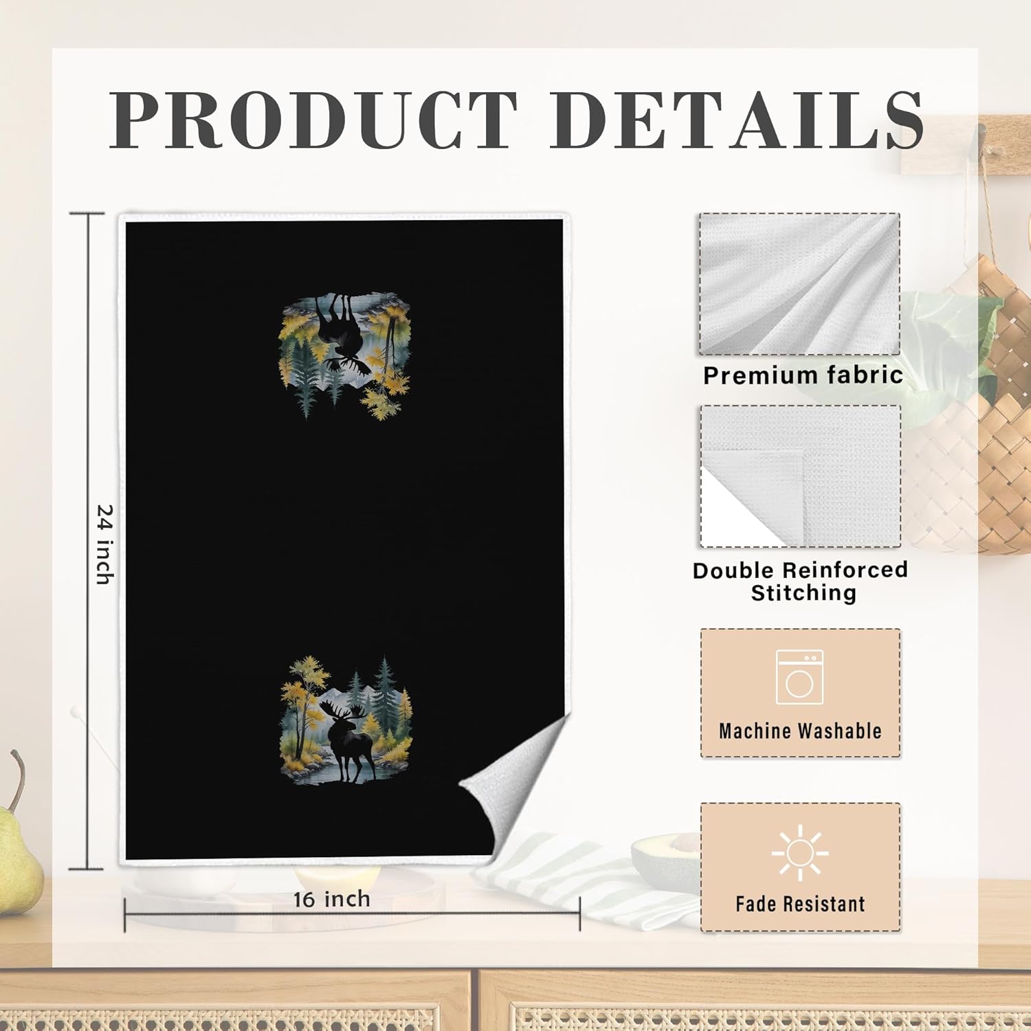 Forest Mountain Moose Deer Kitchen Dish Towels, Gifts for Wildlife Deer Moose Lovers, Rustic Farmhouse Cabin Nature Wildflife Animal Decorative Hand Towels for Bathroom, 16x24 Inch Set of 3 - Image 7