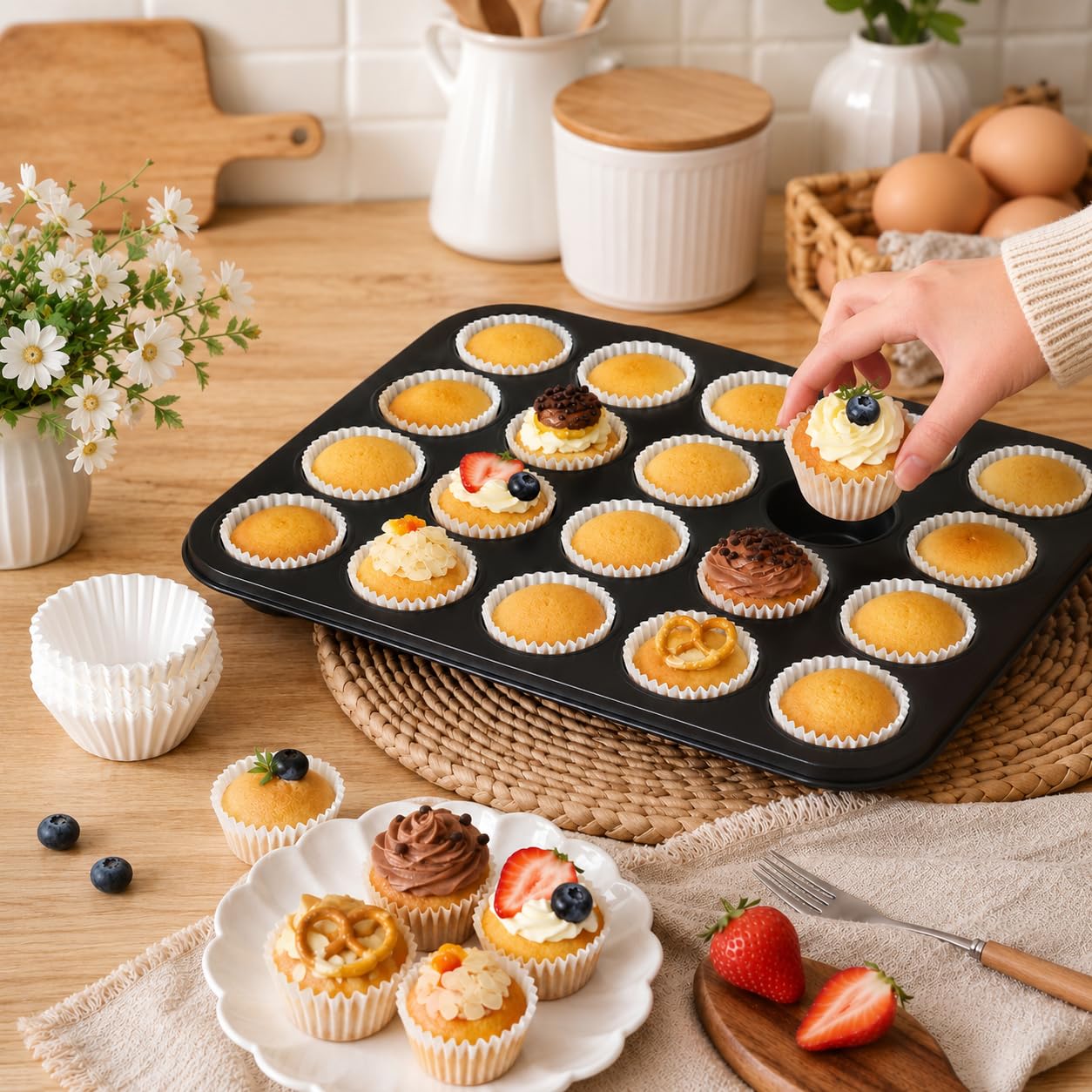Mini Molde Para Muffins De 24 Tazas Mini Bandeja Para Hornear Antiadherente De Acero Al Carbono Para Magdalenas Con Paquete De 500 Revestimientos Blancos Para Magdalenas Desechables