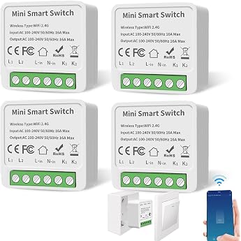 Pack of 4 Smart Light Switch Module 2 Way WiFi Smart Life Switch Mini DIY WLAN Switch Compatible with Tuya App Alexa and Google Home Neutral Conductor Required Fits Behind Wall Switch