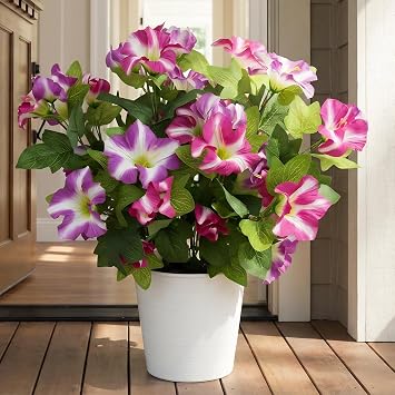 Artificial Flowers Plants for Outdoor, 2 Pcs Faux UV Resistant No Fade Floral for Home, Fake Petunias Flowers for Outside Porch Window Patio Garden Indoor Decor Purple Red