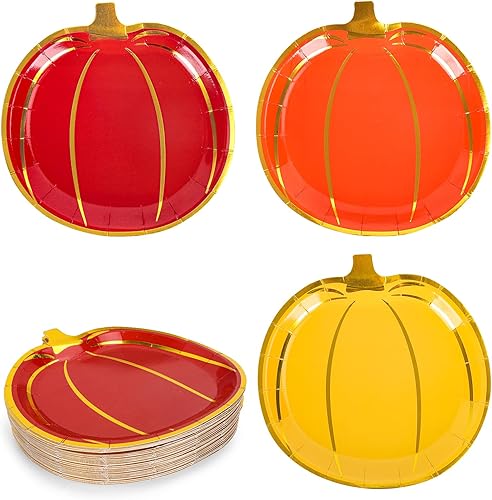 Whaline 24 platos de papel de calabaza de otoño, platos desechables en forma de calabaza dorada, platos desechables de calabazas rojas, naranjas,
