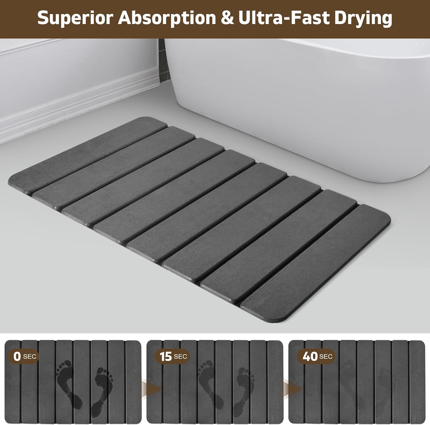 Large Foldable Stone Bath Mat, 2 Pcs Super Absorbent Diatomaceous Earth Mat with Non-Slip Base, Quick Drying Floor Mat for Bathroom Kitchen Counter (28" x 16", Grey)