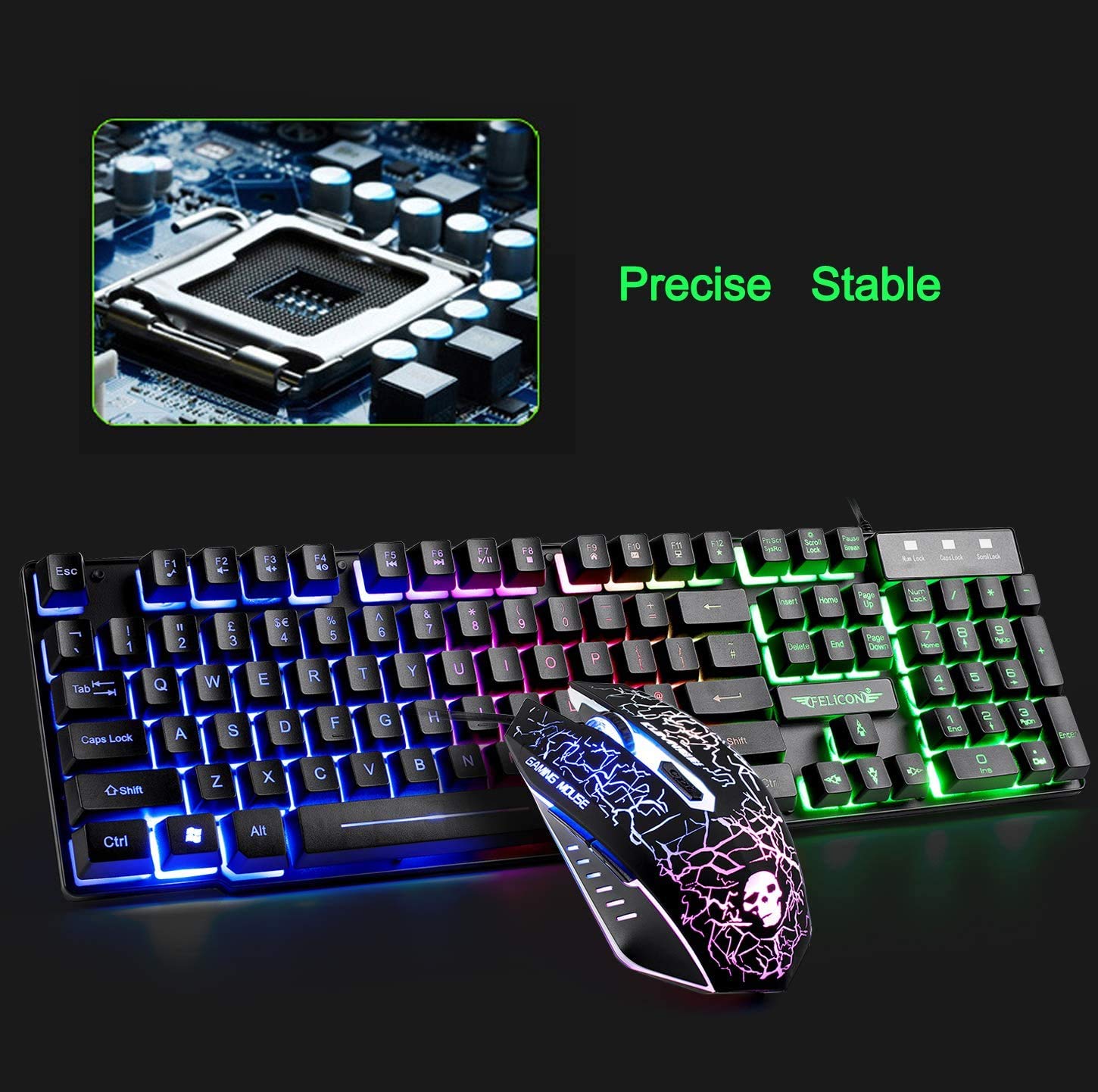 Tastiera da gioco USB retroilluminata con filo arcobaleno+Mouse da gioco LED arcobaleno ottico a 6 pulsanti 2400 DPI+Cuffie da gioco stereo+Altoparlanti RGB+Tappetini per mouse Set 5 in 1 (Nero)