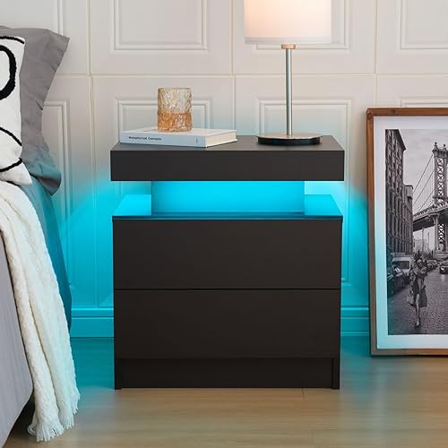 Miniatura 3 de i-aplus Juego de 2 mesitas de noche LED con 2 cajones, mesita de noche con cajones para muebles de dormitorio, mesa de cama lateral con luz LED