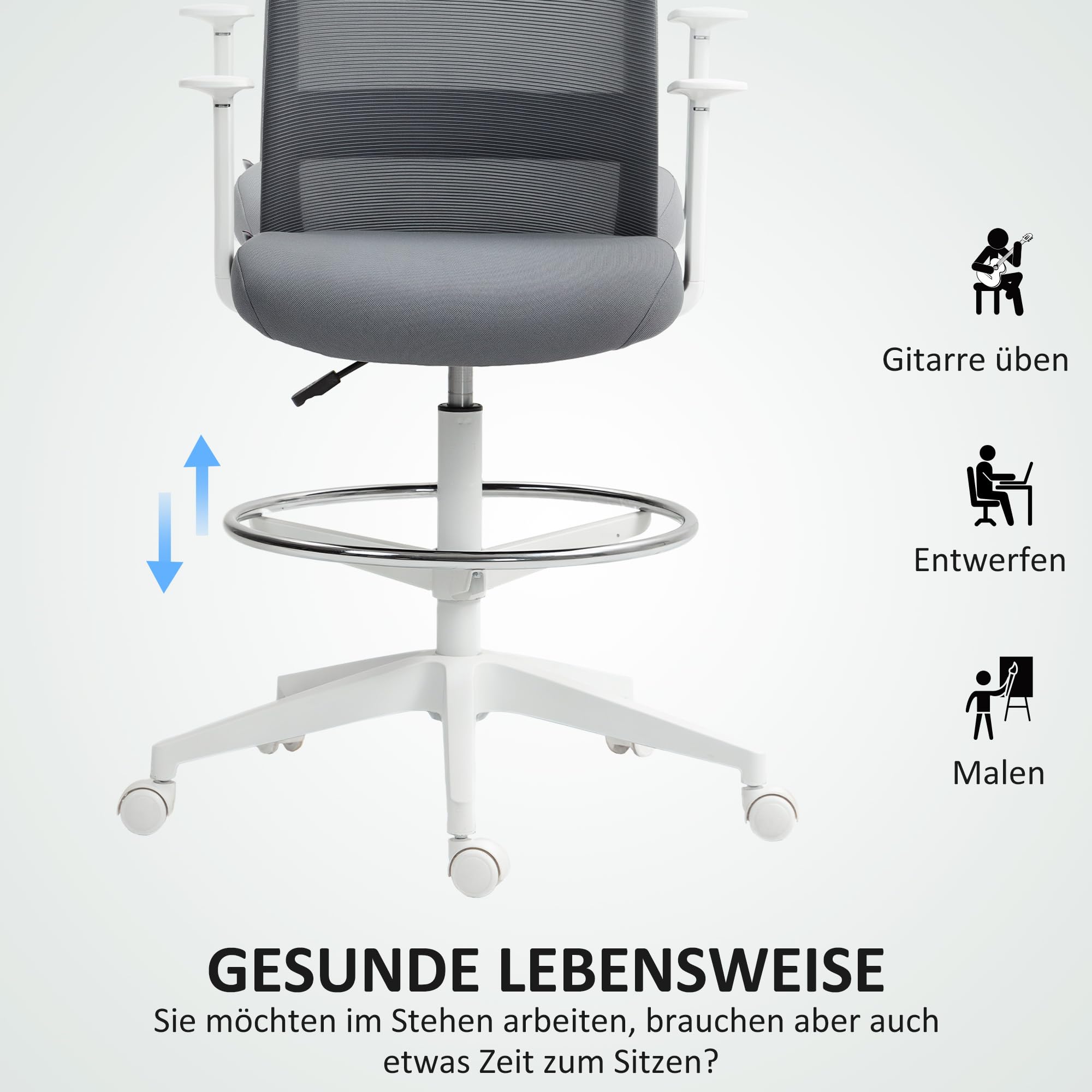 HOMCOM Bürostuhl Hoch Ergonomischer Schreibtischstuhl Armlehnen Grau | Mit Fußring, Höhenverstellbarer Zeichenstuhl, Drehstuhl mit Netzbespannung