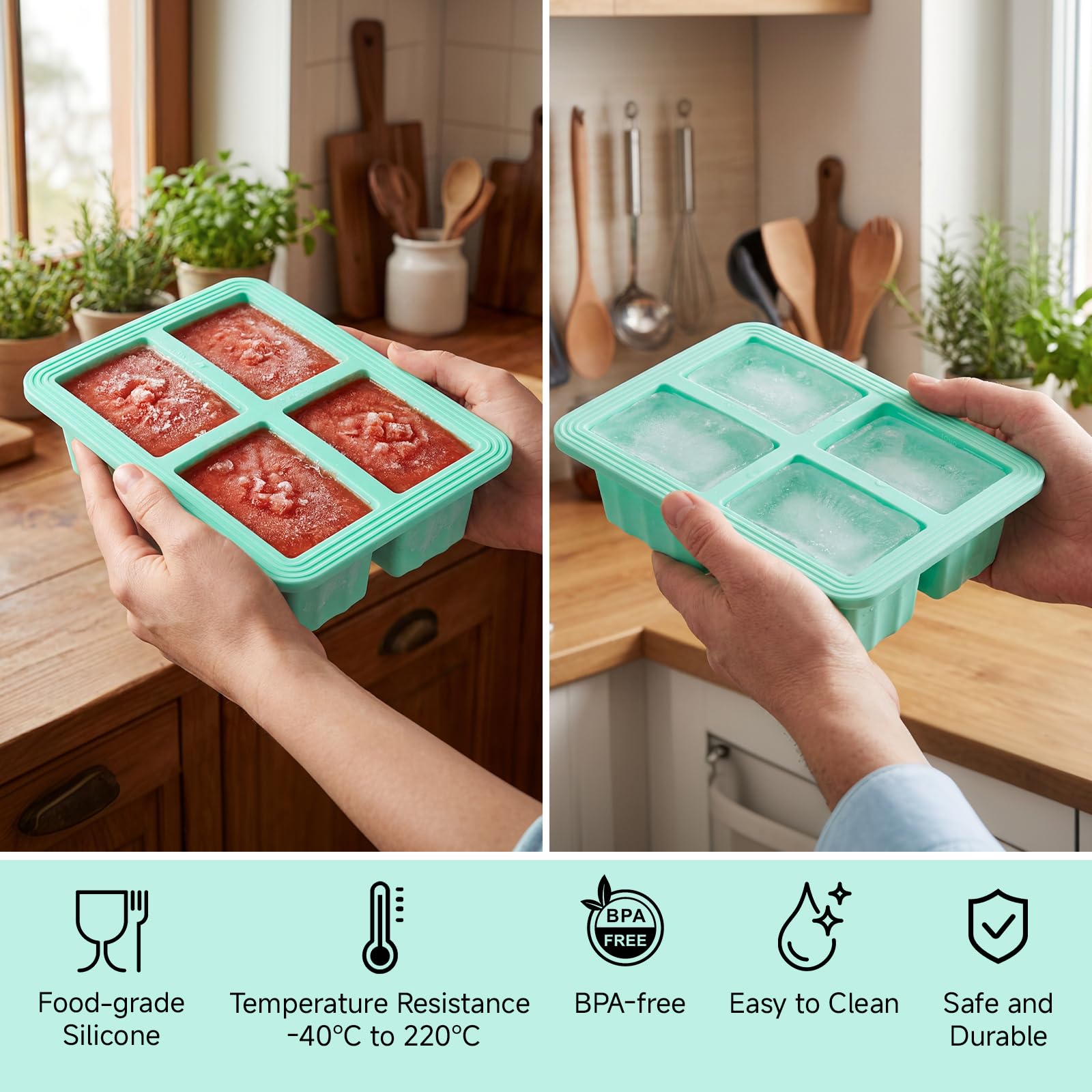 Contenitori Congelatore Silicone con Coperchio 4x250ml Stampo Porzioni Impilabili Senza BPA (Verde)