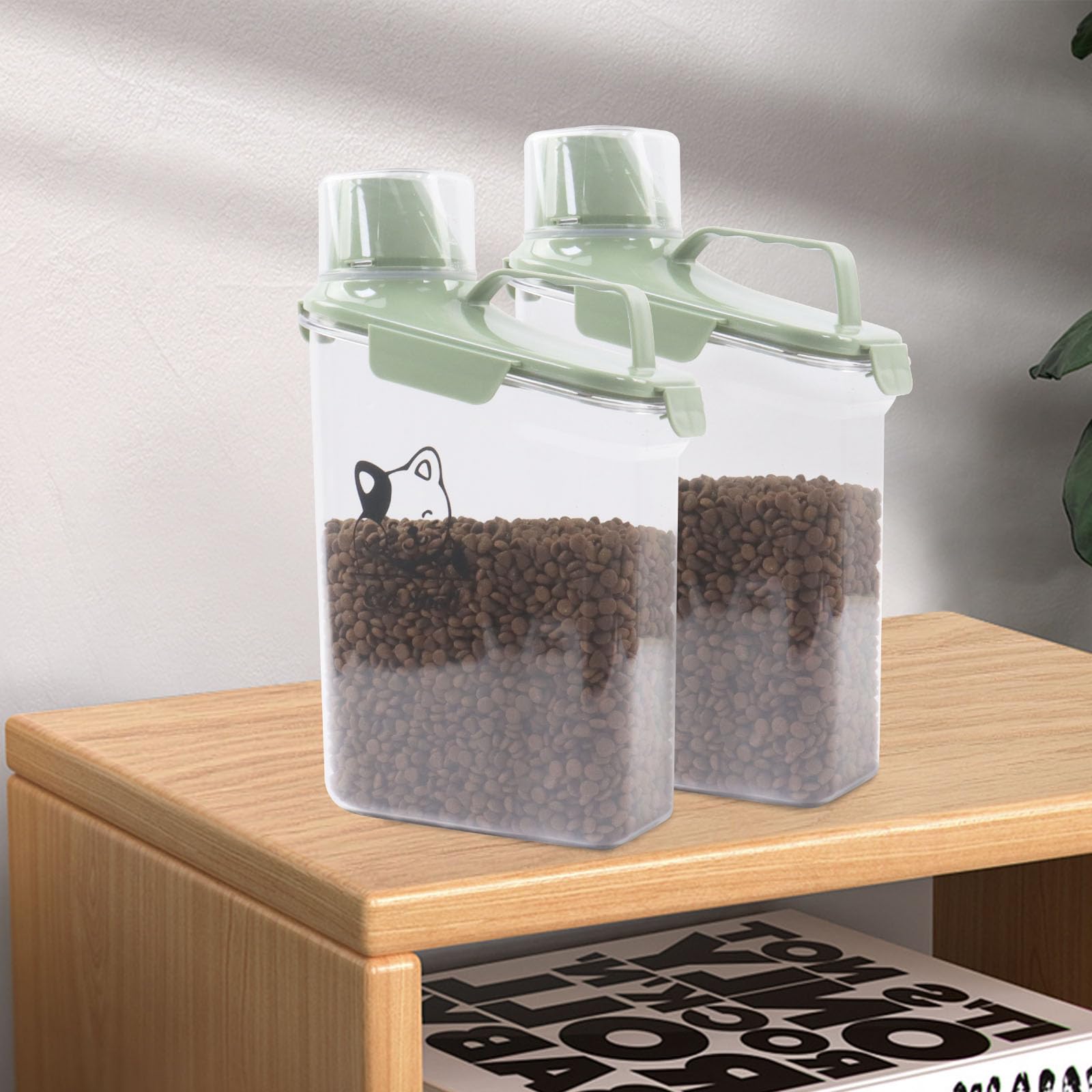 Boîte de rangement nourriture chat 2,8 l, récipient transparent pour croquettes chat chien avec gobelet doseur, bec verseur étroit et poignée portable, boîte à croquettes pour maison et voyage, Vert