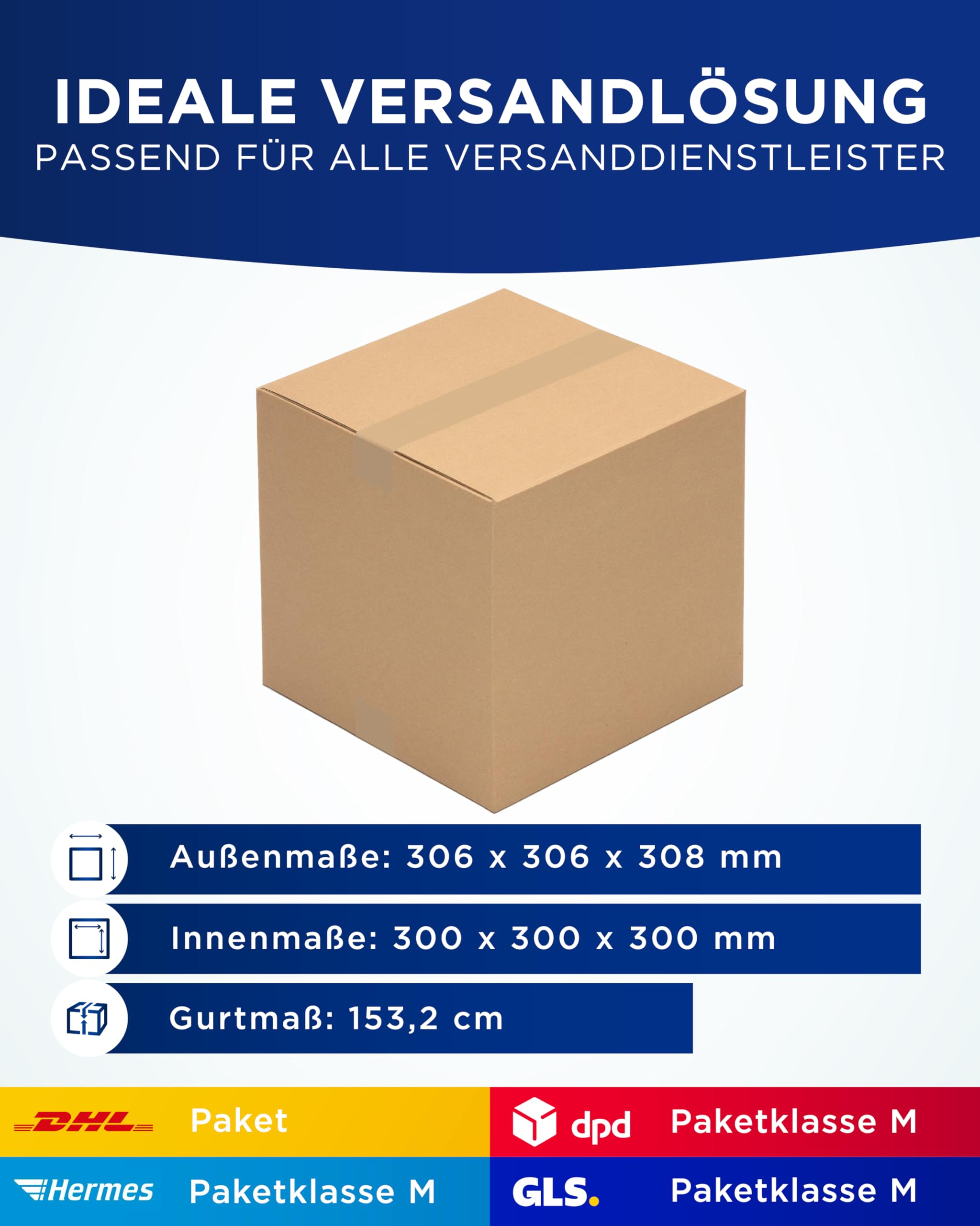 Faltkartons, 300 x 300 x 300 mm, 50 Stück | Kartons aus Wellpappe | Ideal für Warensendungen