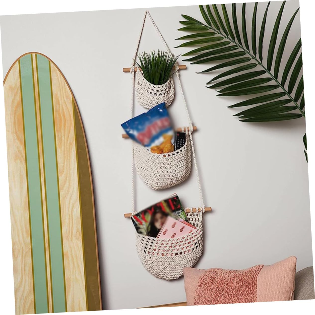 2Pcs Hand Woven Hanging Fruit Baskets Mesh Design Storage Organizer for Kitchen Rope Fruit Hammock for Vegetables and Home Decor
