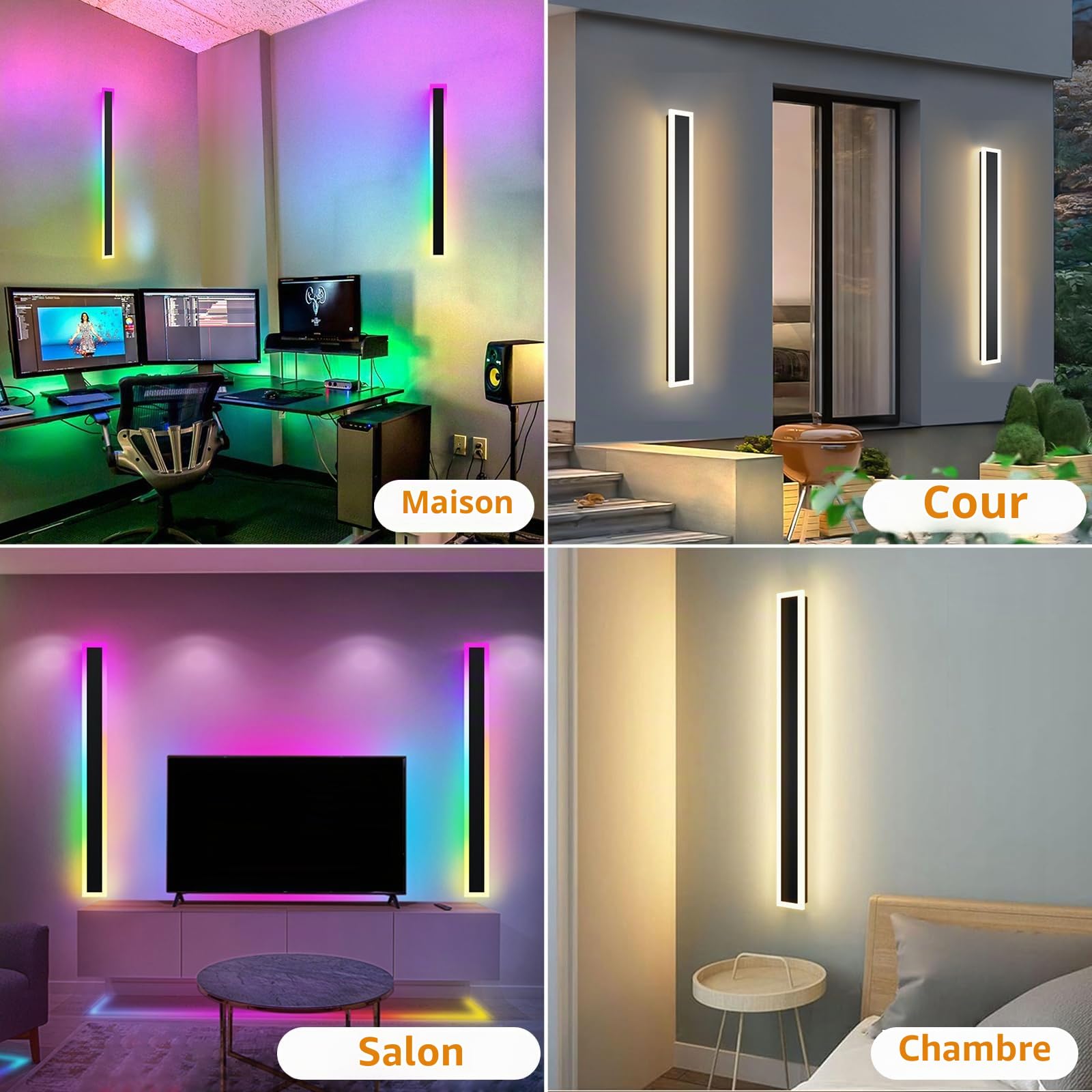 Applique murale extérieure RGB, 80cm 2 groupes RGB/chaud/blanc dimmable moderne LED applique murale, longue lampe murale avec contrôle à distance et app pour extérieur/intérieur