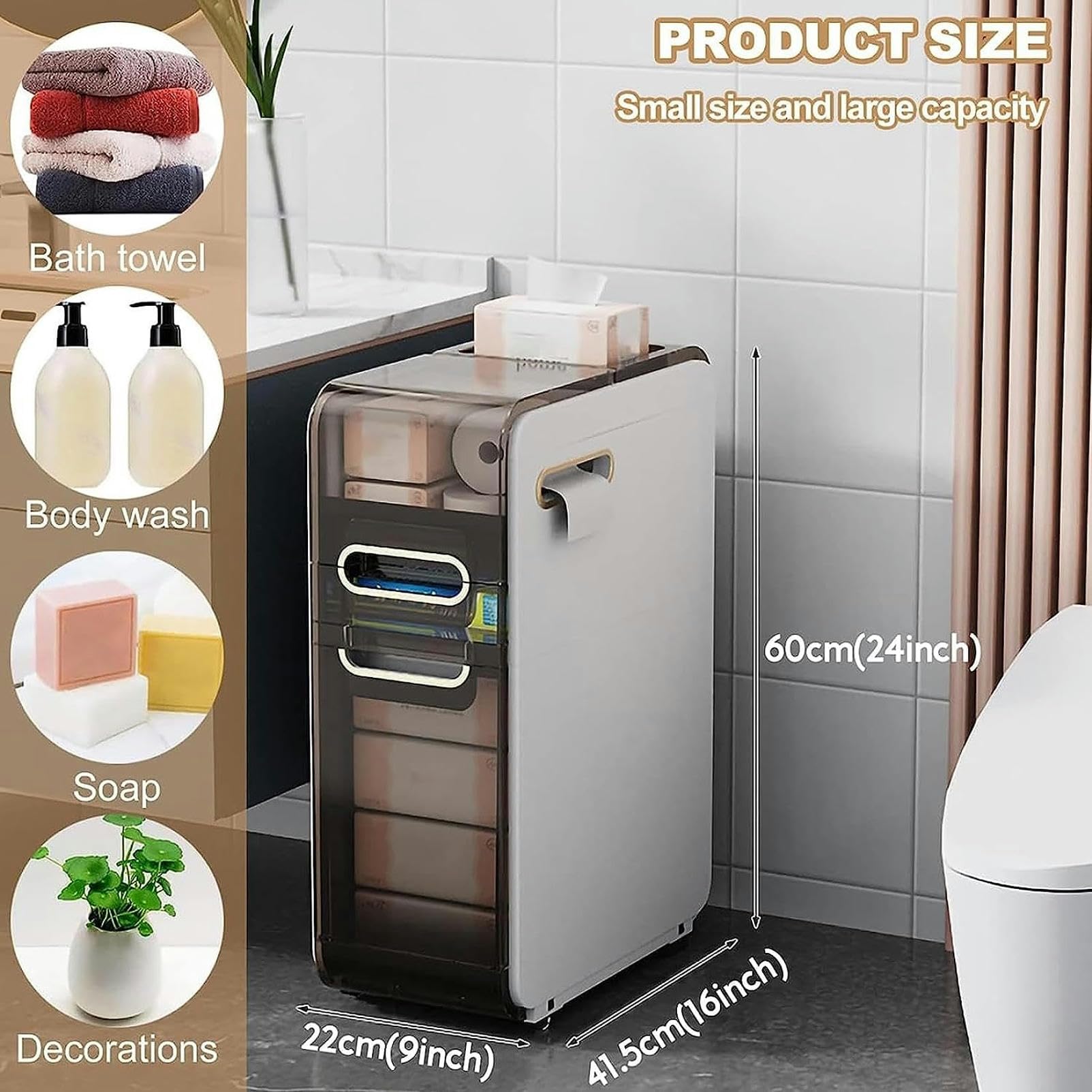Cajones de almacenamiento apilables, gabinete de piso para baño, unidad de almacenamiento Vertical con cajones transparentes y ruedas, Torre de almacenamiento delgada, al