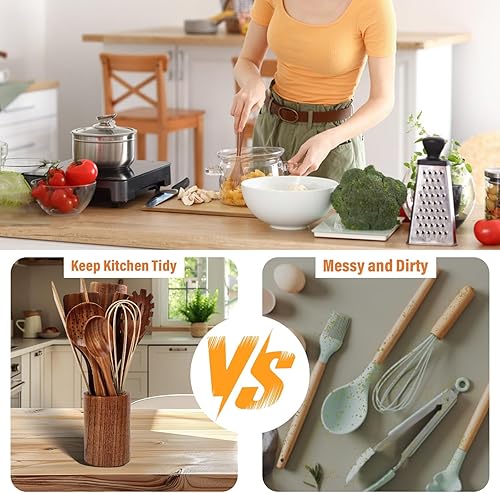 Miniatura 6 de Juego de utensilios de cocina de madera, cucharas de madera de teca resistentes al calor para cocinar (9 piezas con soporte)