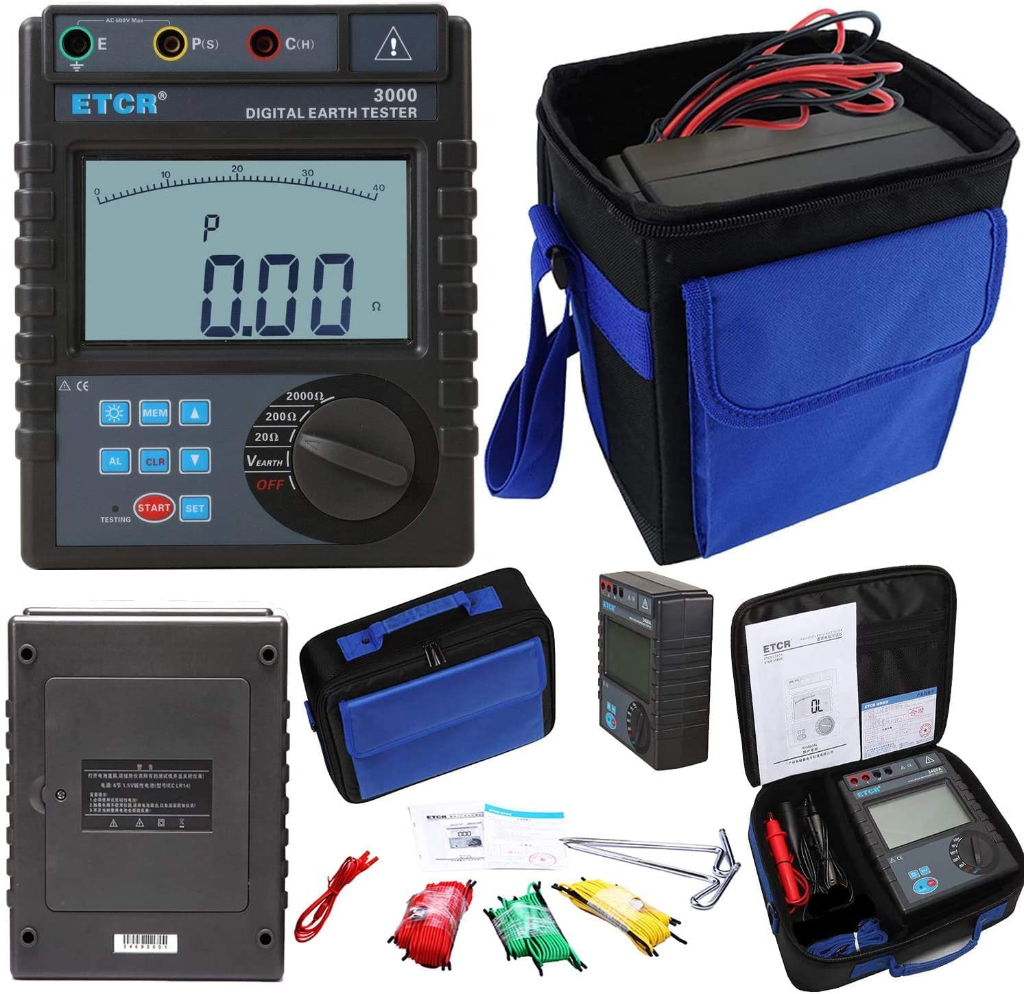 Digital Earth Resistance Tester Ground Resistance Meter with Data Storage Data Reading Function Measuring Range 0.01Ω to 2000Ω