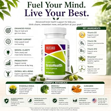 McCord BrainHealth Brain Supplement with Olivamine, Vitamin D3, B6 & B12, Rhodiola Rosea, Magnesium & Taurine, Supports Memory, Focus, Clarity & Productivity for Men and Women