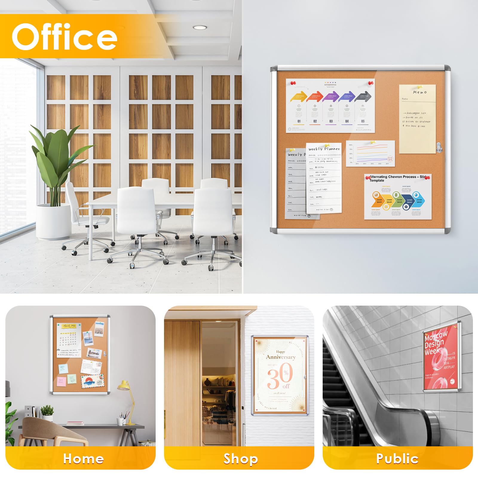 SWANCROWN Geschlossene Pinnwand, Kork, 91,4 x 61 cm, abschließbar, manipulationssicher, Wandvitrine für Büro, Schule, Handel, Gemeinschaft, Aluminiumrahmen