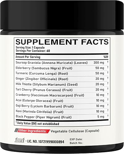 Miniatura 8 de Cápsulas de guanábana Graviola 11 en 1, mezcladas con saúco, cúrcuma, jengibre, cardo mariano, arándano y más - Apoya el estado de ánimo positivo,