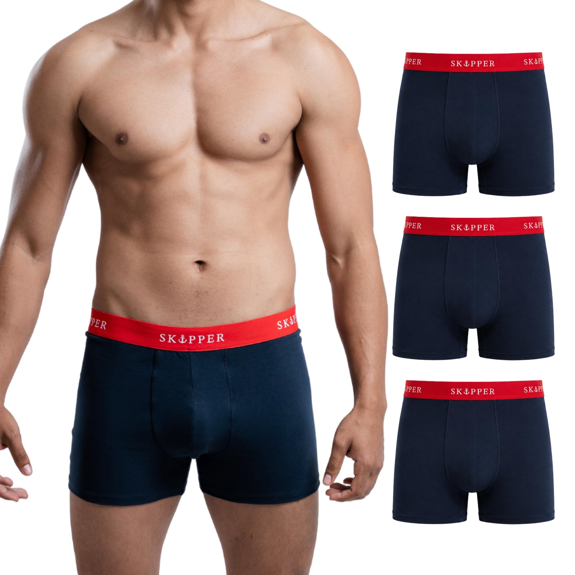 SKIPPER Boxershorts Herren 3er Pack, Premium Baumwoll-Stretch Unterwäsche, Modern Fit, Bequeme Boxershorts für Alltag, Freizeit und Sport