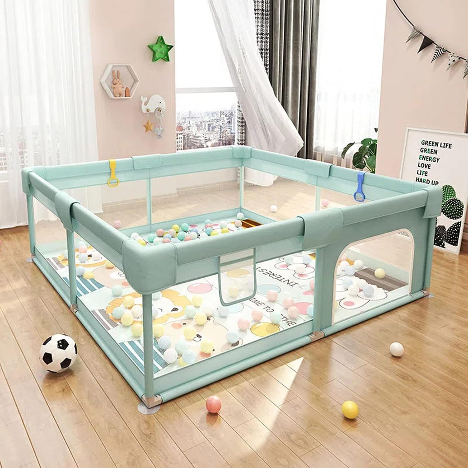 Jolan Baby Playpen with Mat,Portable Kids Indoor Outdoor Activity Center Playpen,Baby Fence with Breathable Mesh and Anti-Slip Suction Cup,Safety Playard Fence,Crawling Playpen,Green-200×200cm