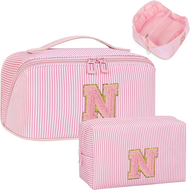 Necessaire de maquiagem Bagmoly com inicial bordada, conjunto com 2 bolsas, rosa