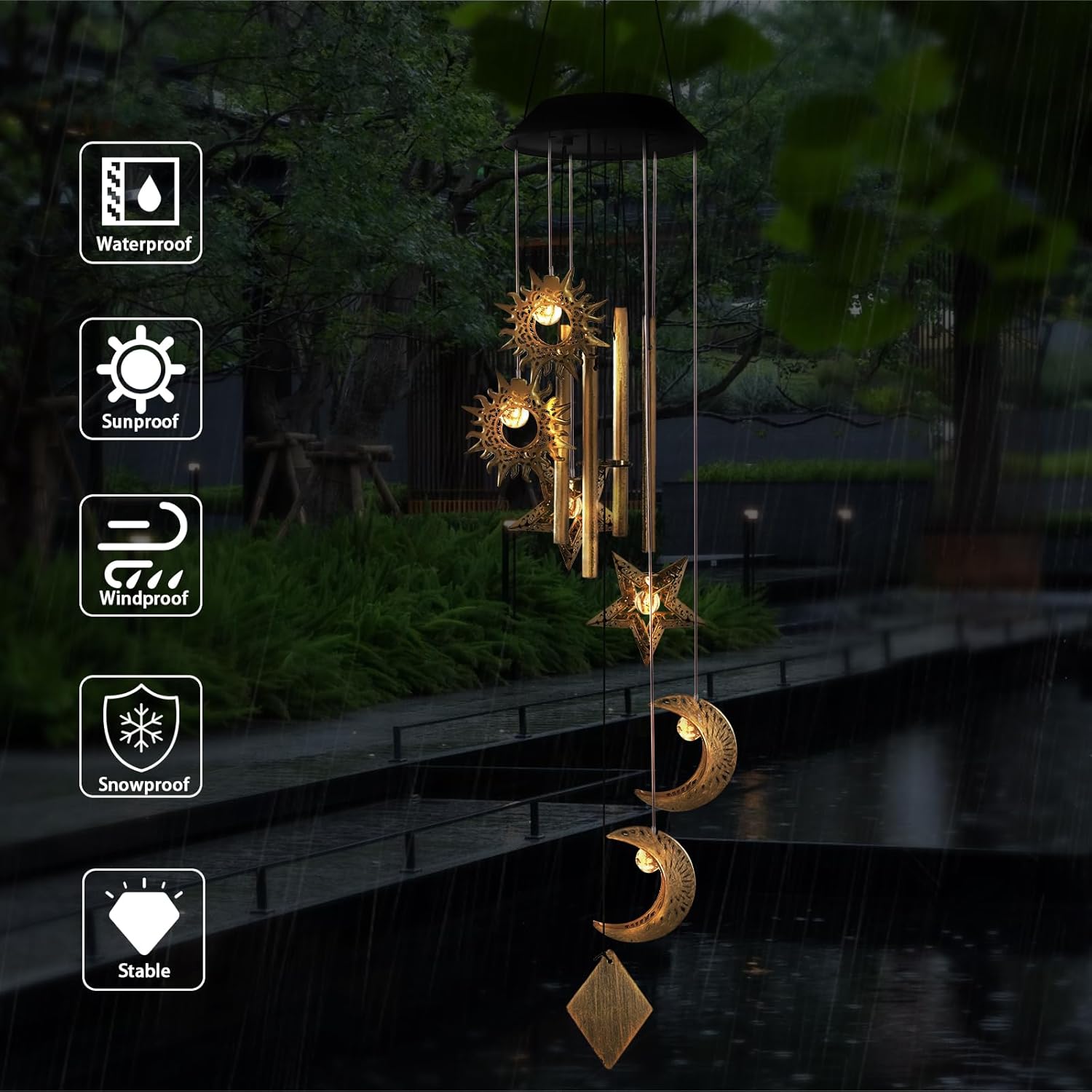 Solar Wind Chimes for Outside,Sun and Moon Wind Chime for Outside,Waterproof LED Wind Chimes,Solar Lantern Wind Chime Outdoor, for Wife/Mother/Grandma/Neighbors ect