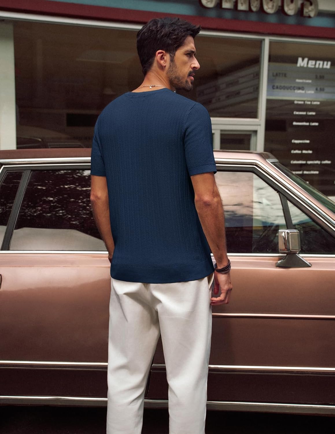 PJ PAUL JONES Mens T Shirts V Neck Short Sleeve Textured Herringbone Modern Fit Knit Shirts - Image 4