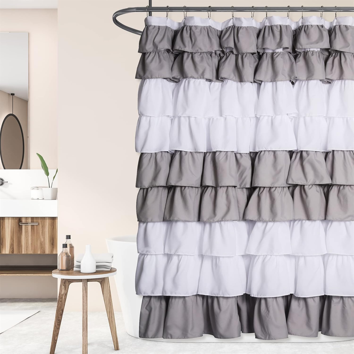 72" x 72" Elegant Ruffle Shower Curtain Modern Farmhouse Fabric Shower Curtain for Bathtub Shower Area Decoration, Grey and White