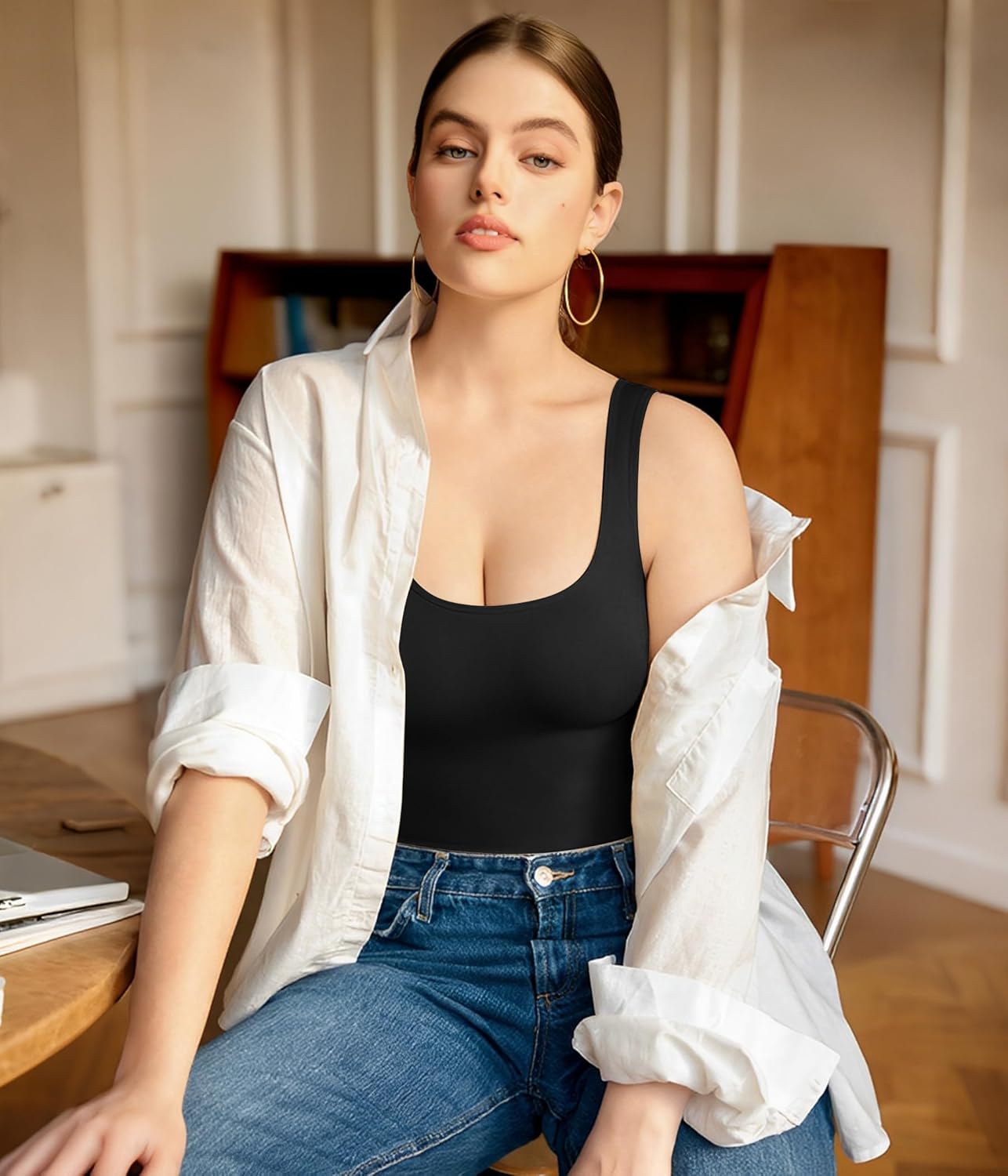 LODAY Bodysuits for Women Scoop Neck Body Suits Sleeveless Double Lined Bodysuit Tank Top - Image 4