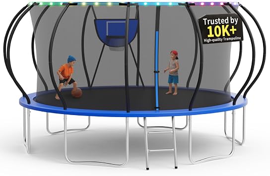 KOFUN Tranpoline Outdoor 16FT 14FT 12FT 10FT 8FT Heavy Duty Tranpoline with Lights, Basketball Hoop, ASTM Approved, 1500 LBS Capacity, Easy Install, for Family Backyard Fun