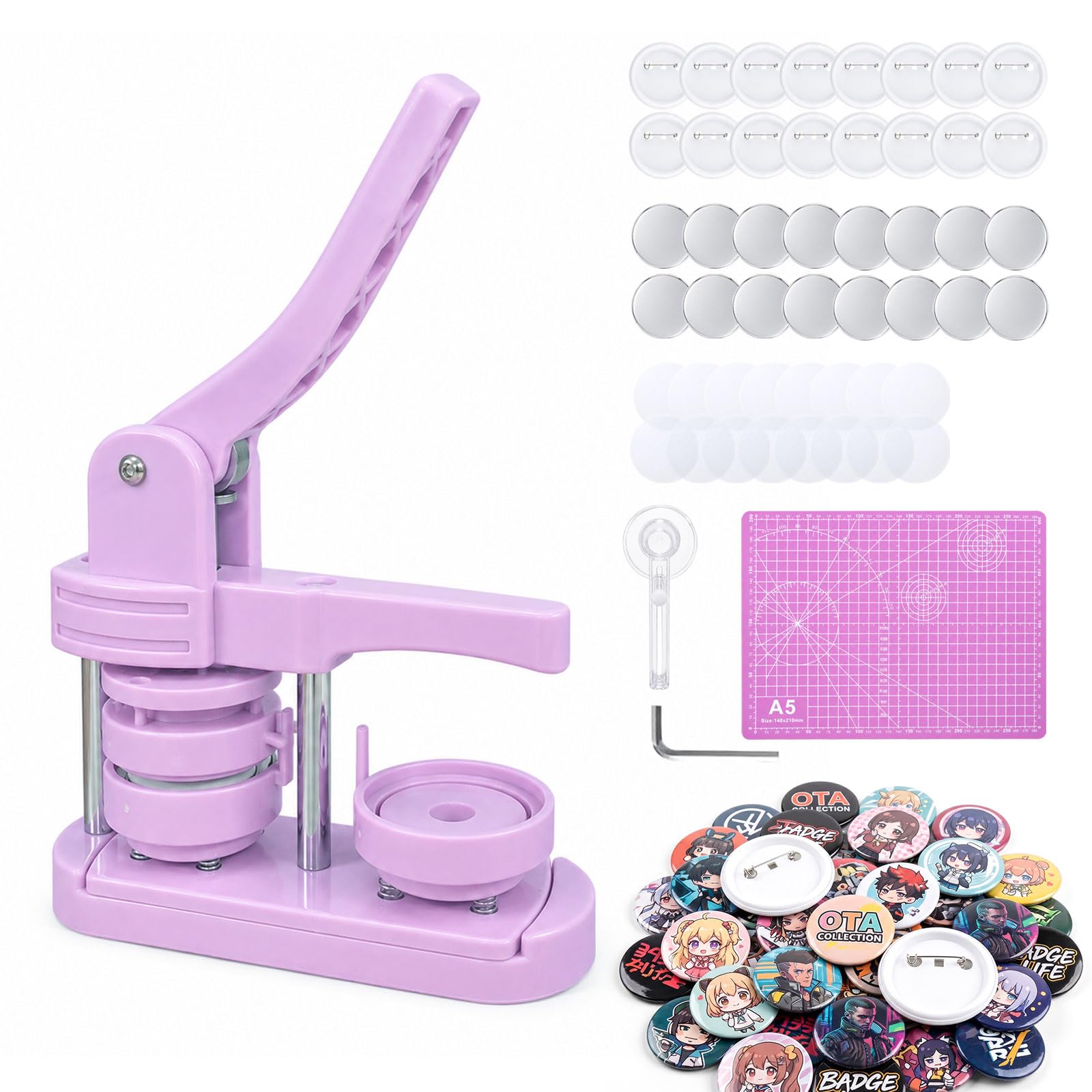 Macchina per bottoni da 58 mm, set di pressa manuale per bottoni con 100 accessori e taglierina circolare, macchina per badge fai da te, feste e regali