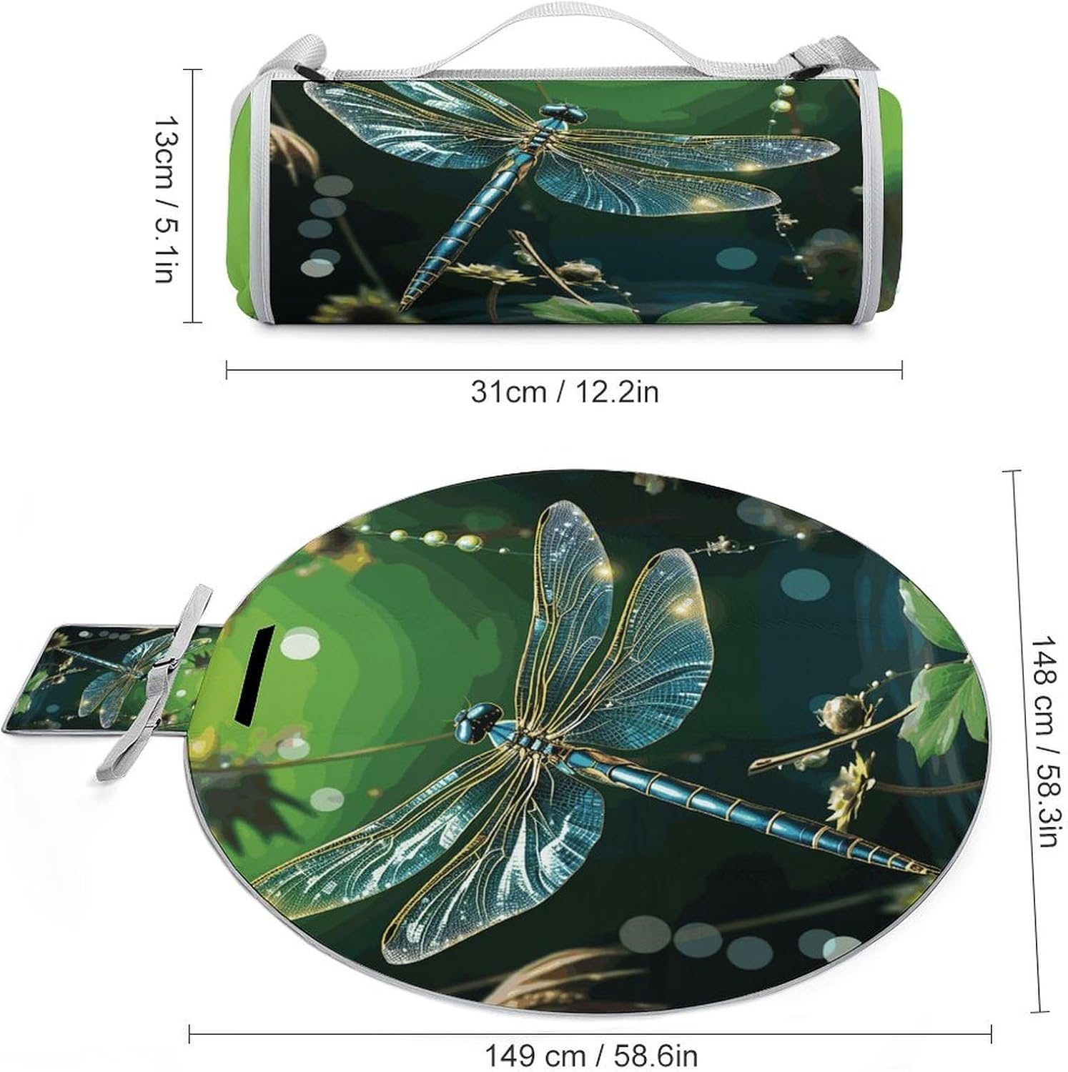 Dragonfly Green Picnic Mat Lightweight Waterproof Picnic Blankets Extra Large Picnic Outdoor Blankets Foldable Sandproof Beach Blanket for Park Beach Camping Courtyard 58.3''x58.3''