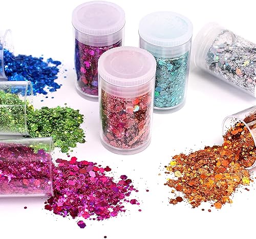 Vista 37 de Lentejuelas holográficas gruesas con purpurina, 12 colores mezclados con purpurina cosmética para cara, cuerpo, ojos, cabello, arte de uñas, brillo